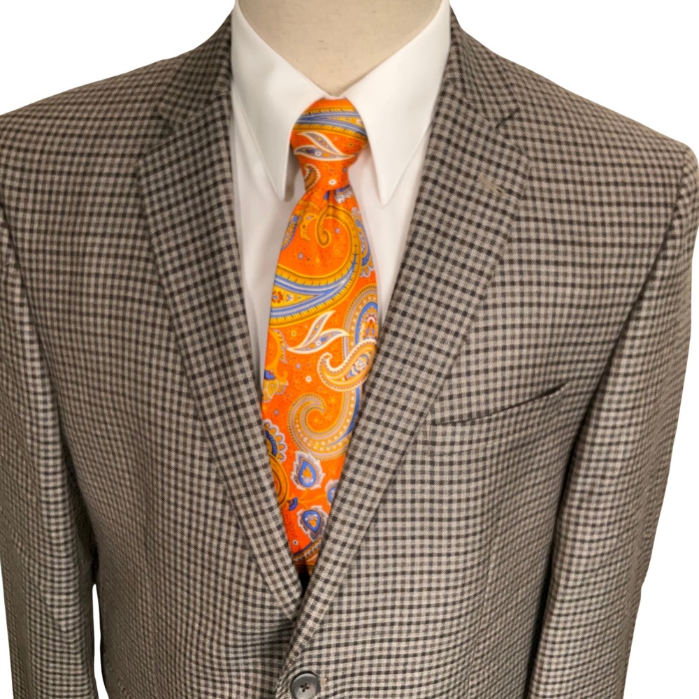 Ticknors Tallia Blazer Mens 42R Taupe Micro Gingham Check Camo Lined Silk Wool